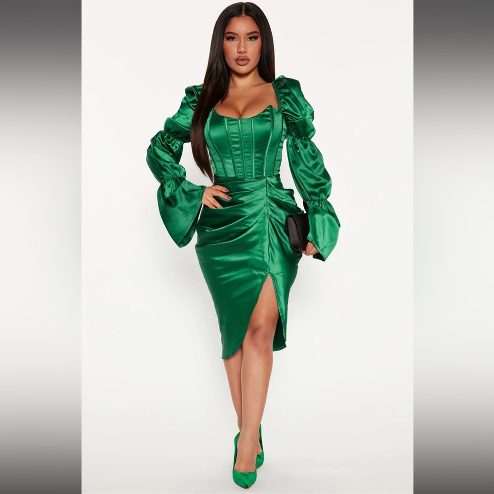 Khloe satin midi dress- hunter green - fashion nova